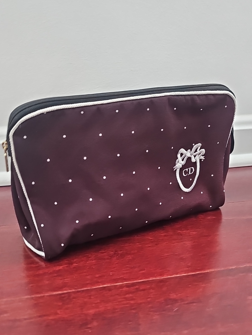 Dior Burgundy Polka Dot Cosmetic Pouch with White Trim